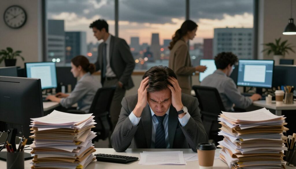 A visually striking image depicting various stressors and stressful situations in a modern workspace. Foreground: a stressed office worker, a middle-aged man in professional attire, furrowing his brow while surrounded by towering piles of paperwork and glowing computer screens. Middle ground: chaotic office environment with colleagues engaged in hurried conversations, a clock showing late hours, and an overflowing coffee cup. Background: a window revealing a busy cityscape outside, with dark clouds looming overhead to symbolize tension. Use warm, diffused lighting to create a contrasted atmosphere of urgency and pressure, capturing the essence of stress in daily life. The overall mood should be tense but relatable, conveying the common struggle with stress.