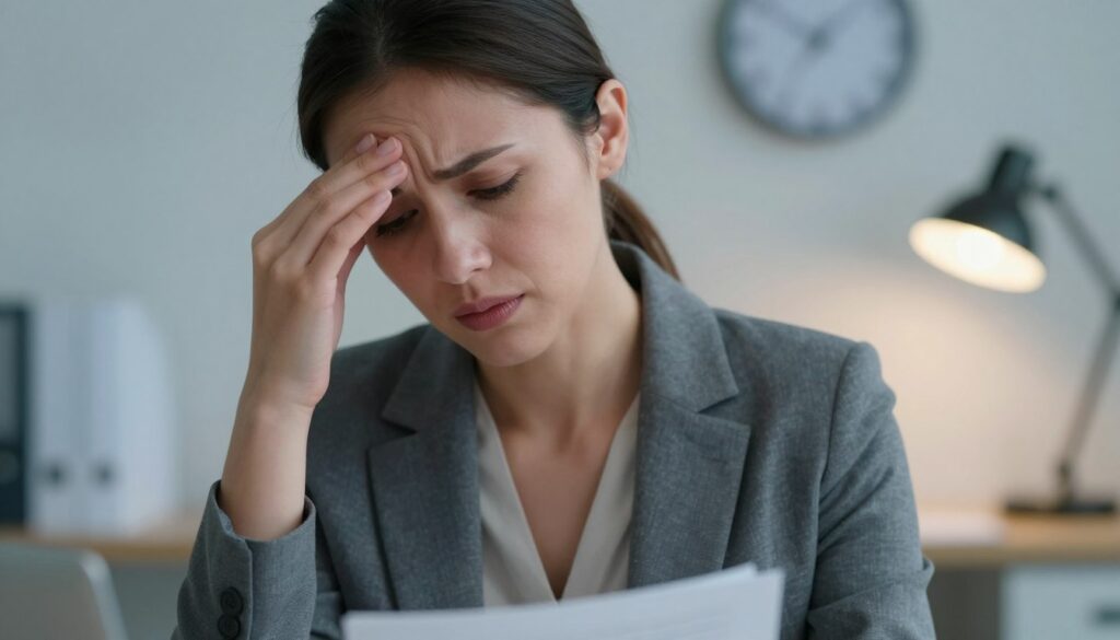A visually striking representation of the physical symptoms of tension and stress, featuring a close-up of a professional woman in modest business attire, her hand resting on her forehead in a gesture of worry. In the foreground, subtle signs of tension are illustrated, such as visible muscle tightness in her shoulders and a furrowed brow, emphasizing the emotional weight. In the middle ground, a softly blurred office environment is depicted, filled with paperwork and a dimly lit desk lamp casting warm light, creating an intimate yet serious atmosphere. The background features a faint silhouette of a clock, signifying the pressure of time, while a soft, muted color palette of blues and greys enhances the mood of stress and contemplation. This image aims to evoke an empathetic understanding of the silent signals of stress.