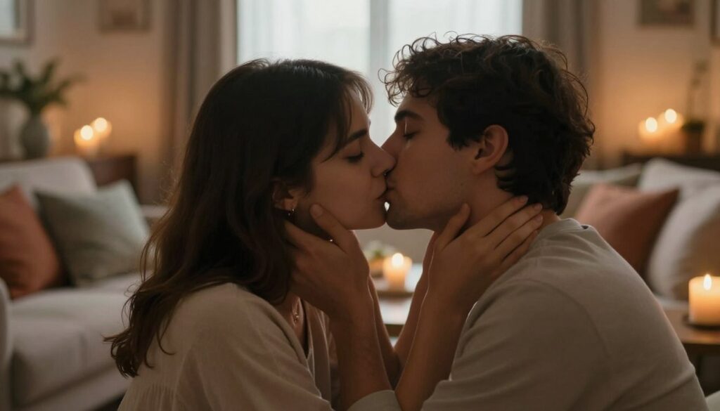 A warm and intimate scene depicting a couple sharing a gentle kiss in a softly lit environment. In the foreground, the couple, dressed in casual yet elegant clothing, leans into each other, their facial expressions conveying deep emotional connection and affection. Their eyes are closed, emphasizing the tenderness of the moment. The middle ground shows a cozy living room setting with a hint of romantic decor, such as candles flickering softly and a plush sofa adorned with colorful cushions. The background features warm, diffused light through a window, enhancing the serene ambiance. The overall mood is one of love, closeness, and the significance of physical affection in relationships, evoking feelings of warmth and connection.