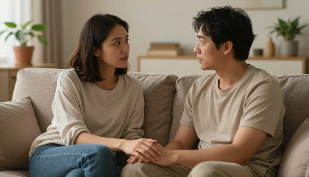 A warm and intimate scene depicting a couple sitting closely on a comfortable couch, dressed in modest casual clothing, with soft lighting creating a cozy atmosphere. The foreground features their hands gently intertwined, symbolizing connection and closeness. In the middle, they are engaged in a thoughtful conversation, their facial expressions conveying a sense of trust and understanding. The background shows a softly lit room adorned with plants and warm tones, enhancing the feeling of safety and comfort. The overall mood should evoke a sense of emotional intimacy and connection, reflecting the complexities of relationships and the importance of understanding underlying issues.