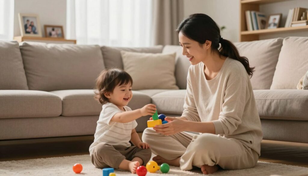 A warm and inviting family scene in a cozy living room, showcasing a caring mother sitting on a plush couch, wearing comfortable yet modest clothing, gently engaging with her smiling toddler on the floor. The mother is holding colorful toys, creating a playful atmosphere, while the child reaches out with joy. In the background, soft lighting filters through sheer curtains, casting a gentle glow and enhancing the comforting ambiance. Shelves with family photos and books add depth to the scene. The mood is nurturing and hopeful, symbolizing the rebuilding of relationships in new parenthood. The angle captures both the mother and child intimately, focusing on their connection without showing extraneous elements. A warm and inviting family scene in a cozy living room, showcasing a caring mother sitting on a plush couch, wearing comfortable yet modest clothing, gently engaging with her smiling toddler on the floor. The mother is holding colorful toys, creating a playful atmosphere, while the child reaches out with joy. In the background, soft lighting filters through sheer curtains, casting a gentle glow and enhancing the comforting ambiance. Shelves with family photos and books add depth to the scene. The mood is nurturing and hopeful, symbolizing the rebuilding of relationships in new parenthood. The angle captures both the mother and child intimately, focusing on their connection without showing extraneous elements.