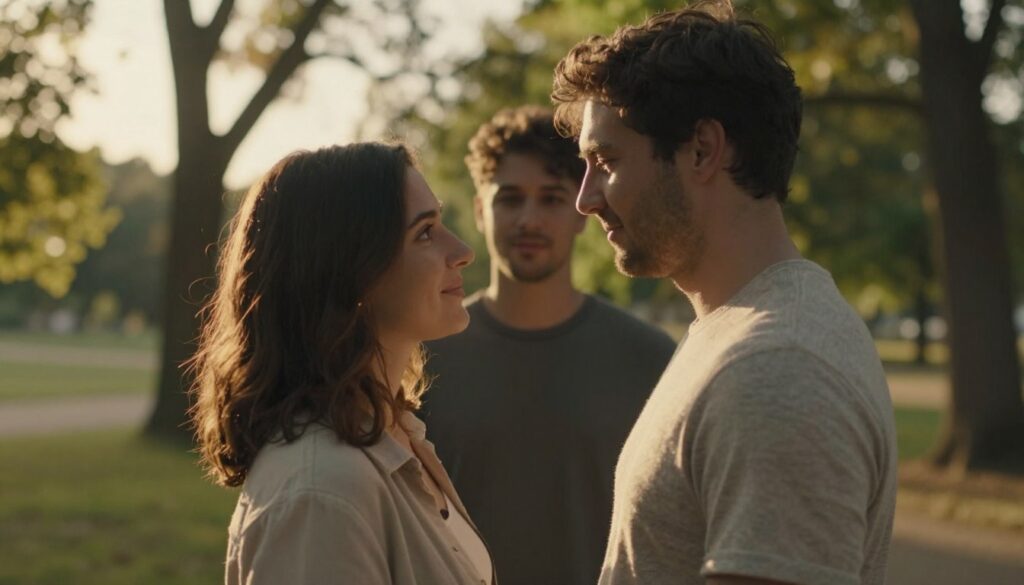 A warm and inviting scene depicting three interconnected human figures, representing passion, intimacy, and commitment. In the foreground, a couple stands close together, gazing into each other's eyes, their expressions reflecting deep emotional connection. They are dressed in modest casual clothing, embodying warmth and comfort. In the middle, a third figure observes from a short distance, providing a sense of support and engagement. The background showcases a soft-focus park setting during golden hour, with dappled sunlight filtering through trees, creating a serene and romantic atmosphere. The lighting is warm and gentle, enhancing the emotional intensity of the scene. The angle captures the closeness of the figures while suggesting an inviting space for relationships to thrive, emphasizing the essence of love and connection.