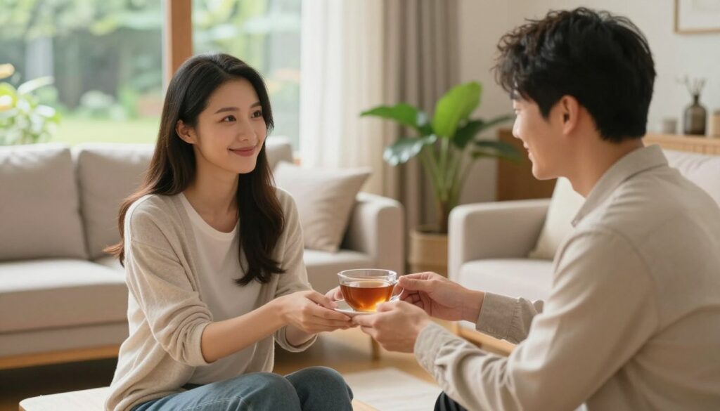 A warm, inviting scene depicting a couple in a cozy living room, focused on daily care and attention in their relationship. In the foreground, a woman in modest casual clothing, smiling softly, receives a cup of tea from a man dressed in smart casual attire. The middle ground features comfortable furniture with soft, neutral tones, and a plant adding a touch of green, symbolizing growth. In the background, a softly-lit window reveals a peaceful garden outside, allowing natural light to flood the space, creating a serene atmosphere. The overall mood is affectionate and nurturing, capturing the essence of daily care in a loving relationship, making it ideal for illustrating the importance of small gestures.