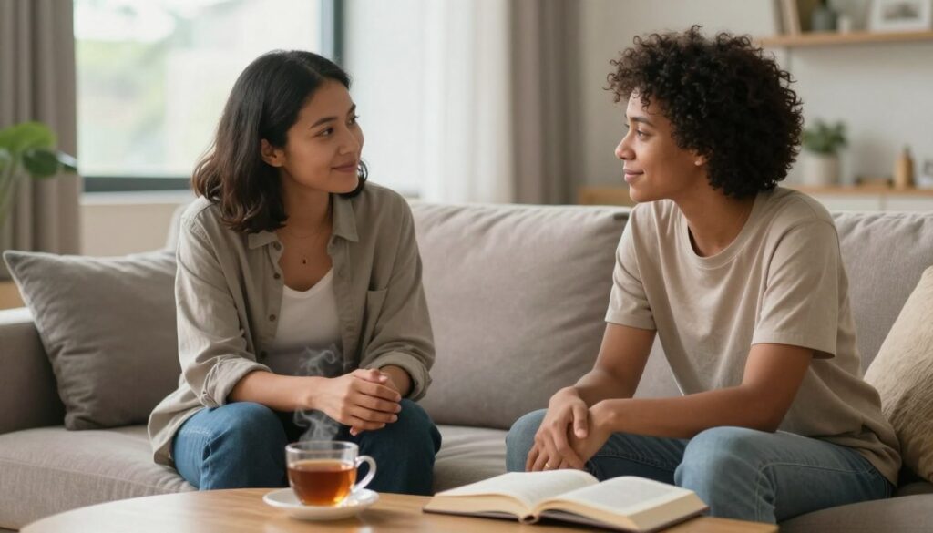 A warm, inviting scene depicting two diverse individuals in a cozy, modern living room setting. In the foreground, a bisexually-identified man and woman, both dressed in smart-casual attire, sit closely on a plush sofa, engaged in a deep, meaningful conversation. Their expressions convey intimacy and understanding, with soft smiles and attentive gazes. In the middle ground, a small coffee table holds a steaming cup of tea and a few open books, symbolizing open communication. In the background, large windows allow soft, natural light to filter in, creating a serene atmosphere. The overall mood is one of connection, respect, and emotional closeness, highlighting the importance of discussing needs and establishing boundaries in relationships.