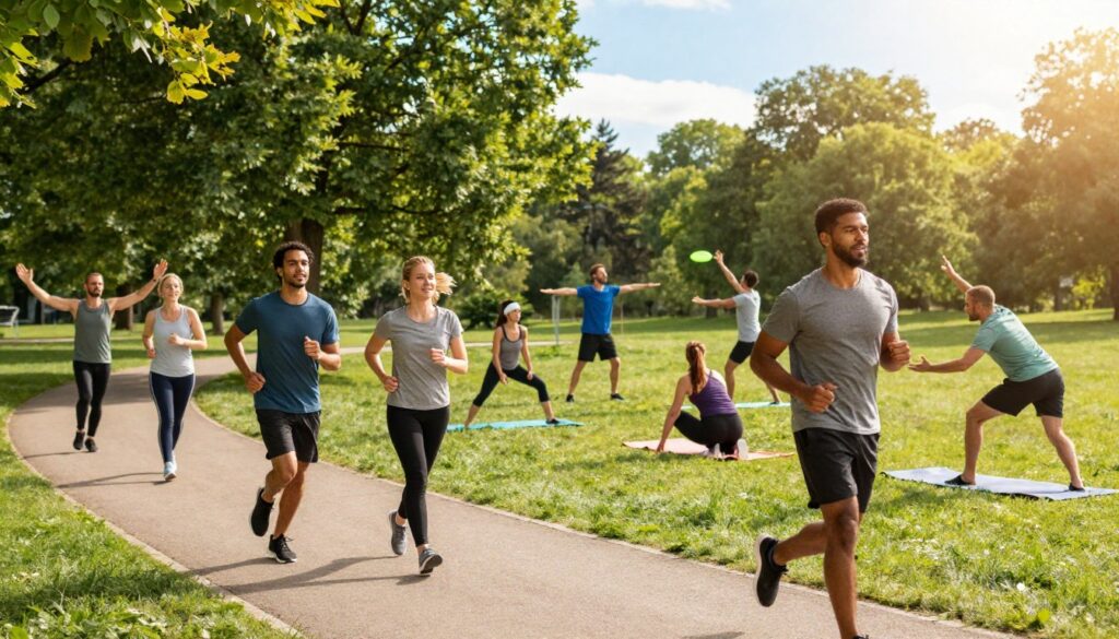 An outdoor scene depicting a diverse group of individuals engaging in various physical activities to illustrate movement and exercise's role in stress relief. In the foreground, a mixed-gender group, wearing comfortable athletic clothing, is jogging along a scenic park path, their expressions reflecting determination and joy. In the middle ground, some people practice yoga on mats, showcasing diverse poses in balance, while others engage in a spirited game of sports, like soccer or frisbee. The background features lush green trees and a bright blue sky, with soft sunlight filtering through the leaves, creating a warm, inviting atmosphere. The composition should capture a sense of community and vitality, highlighting the positive effects of physical activity on mental well-being.
