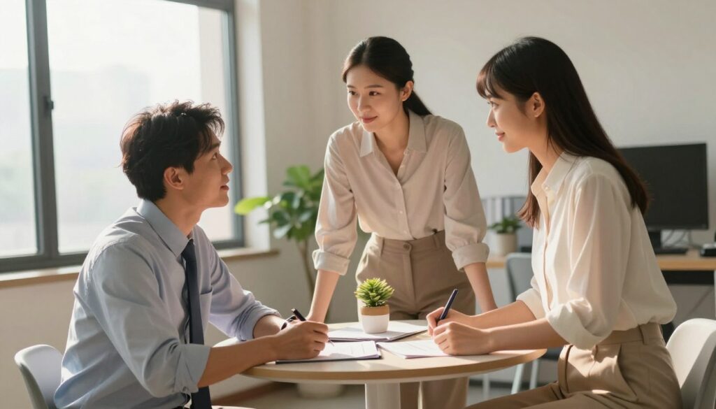 A balanced and harmonious scene depicting a couple in a professional office setting, illustrating the concept of healthy dominance in a relationship. The foreground features a man and a woman engaged in a supportive discussion, both wearing modest business attire—his shirt and tie, her blouse and trousers—reflecting professionalism. The middle layer shows a round table adorned with a plant and a few files, symbolizing collaboration and connection. In the background, large windows let in warm natural light, casting soft shadows that create an inviting atmosphere. The mood is positive and empowering, emphasizing partnership and mutual respect while subtly contrasting with an air of control that avoids overt toxicity. The angle is slightly tilted down, focusing on the interaction, promoting a feeling of intimacy and trust. A balanced and harmonious scene depicting a couple in a professional office setting, illustrating the concept of healthy dominance in a relationship. The foreground features a man and a woman engaged in a supportive discussion, both wearing modest business attire—his shirt and tie, her blouse and trousers—reflecting professionalism. The middle layer shows a round table adorned with a plant and a few files, symbolizing collaboration and connection. In the background, large windows let in warm natural light, casting soft shadows that create an inviting atmosphere. The mood is positive and empowering, emphasizing partnership and mutual respect while subtly contrasting with an air of control that avoids overt toxicity. The angle is slightly tilted down, focusing on the interaction, promoting a feeling of intimacy and trust.