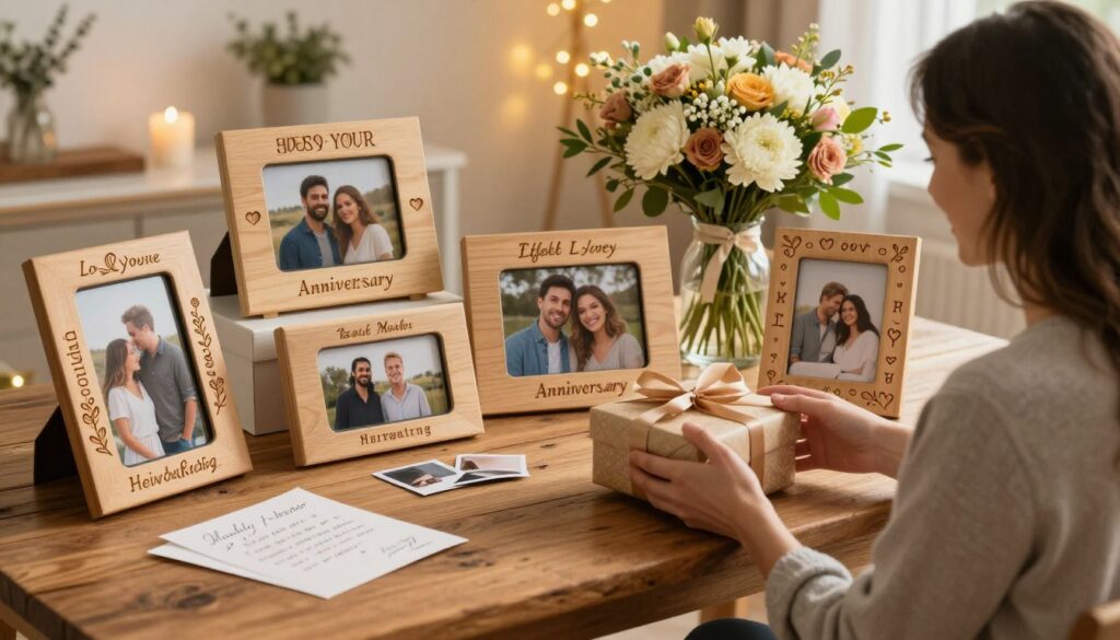 A beautifully arranged display of personalized anniversary gifts on a rustic wooden table, featuring intricately engraved photo frames, custom-made keepsake boxes, and heartfelt handwritten letters. In the foreground, a couple can be seen in modest casual attire, joyfully exchanging their gifts, capturing their connection and warmth. The middle ground showcases a lovely bouquet of flowers and themed decorations, contributing to a celebratory atmosphere. In the background, soft, warm lighting creates a cozy ambience, while fairy lights twinkle gently, enhancing the feeling of love and togetherness. The composition is intimate, inviting viewers to appreciate the significance of shared memories and commitment.