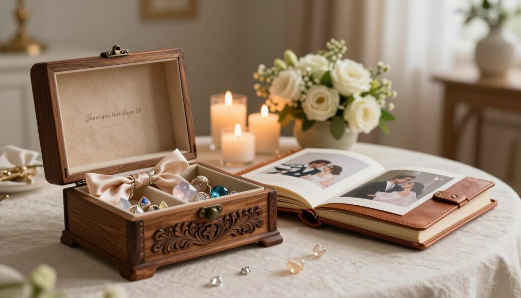 A beautifully arranged setting showcasing elegant keepsakes as anniversary gifts. In the foreground, a luxurious wooden box adorned with intricate carvings opens to reveal handcrafted jewelry pieces, shimmering crystals, and delicate silk ribbons. A stylishly wrapped photo album with a vintage leather cover sits beside the box, hinting at cherished memories within. The middle ground features softly glowing candles and a bouquet of fresh flowers, creating a romantic ambiance. In the background, a softly lit room with tasteful decor enhances the warmth of the scene. The lighting is soft and diffused, casting gentle shadows that evoke a cozy and intimate atmosphere. The overall mood conveys sophistication and timelessness, perfect for commemorating lasting love without being clichéd.