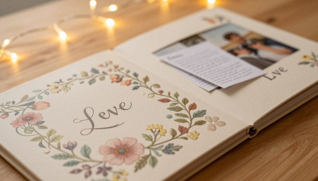 A beautifully designed album cover on a wooden table, focusing on intricate graphic elements and decorative motifs that symbolize a romantic relationship. The foreground features a close-up of detailed illustrations of intertwined vines and flowers in soft pastel colors, evoking love and connection. In the middle ground, an elegant album with a textured, embossed cover rests slightly ajar, revealing glimpses of handwritten notes and printed photographs peeking out. The background includes softly blurred fairy lights, creating a warm, inviting atmosphere that reflects nostalgia and cherished memories. The lighting is warm and diffused, reminiscent of golden hour, enhancing the emotional resonance of the scene. Capture this moment with a slight top-down angle to emphasize the artistry of the album cover. A beautifully designed album cover on a wooden table, focusing on intricate graphic elements and decorative motifs that symbolize a romantic relationship. The foreground features a close-up of detailed illustrations of intertwined vines and flowers in soft pastel colors, evoking love and connection. In the middle ground, an elegant album with a textured, embossed cover rests slightly ajar, revealing glimpses of handwritten notes and printed photographs peeking out. The background includes softly blurred fairy lights, creating a warm, inviting atmosphere that reflects nostalgia and cherished memories. The lighting is warm and diffused, reminiscent of golden hour, enhancing the emotional resonance of the scene. Capture this moment with a slight top-down angle to emphasize the artistry of the album cover.
