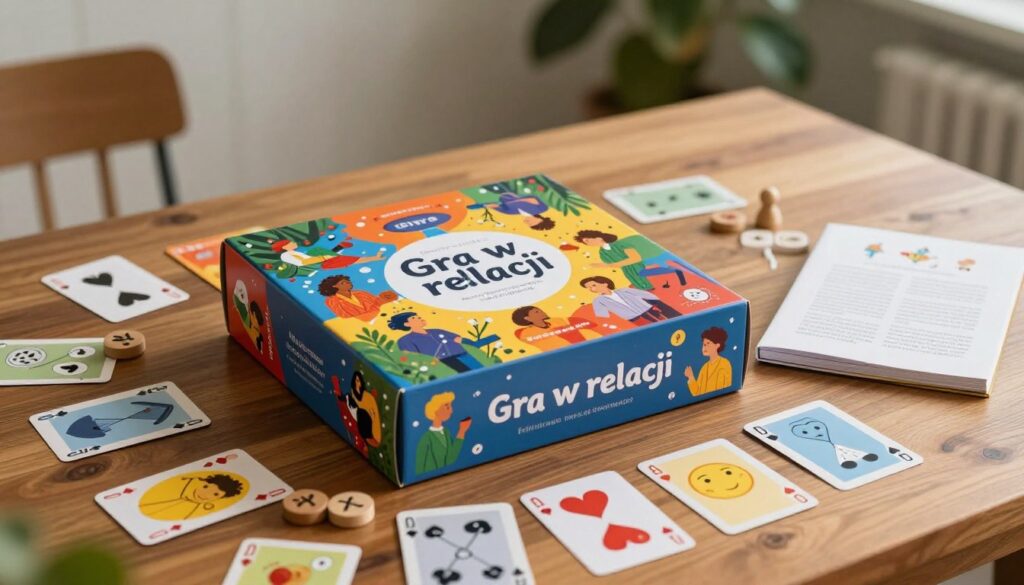 A beautifully styled tabletop arrangement featuring an open game box titled "Gra w relacje" on a polished wooden surface. The box is vibrant and colorful, showcasing intricate illustrations of relationships, emotional strategies, and partner interactions. Scattered around the box are various game components: playing cards with emotional symbols, wooden tokens representing connections, and a rulebook with elegant designs. In the background, soft, diffused lighting creates a warm and inviting atmosphere, enhancing the mood of exploration and understanding. A subtle bokeh effect keeps the focus on the game, while hints of greenery from plants in the background add a touch of tranquility, suggesting growth and connection in relationships.