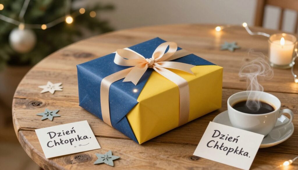 A beautifully wrapped gift box sits on a cozy, rustic wooden table, surrounded by delicate decorations representing 'Dzień Chłopaka.' The box features vibrant colors, like deep blue and warm yellow, adorned with a soft ribbon. To the side, a small handwritten note with affectionate words is placed next to a steaming cup of coffee, hinting at a romantic gesture. In the background, softly blurred greenery and twinkling fairy lights create a warm, inviting atmosphere, suggesting a personal and intimate celebration. The lighting is soft and natural, casting gentle shadows, giving a sense of warmth and closeness. The angle is a slight top-down view, capturing the essence of a thoughtful, heartfelt gift for a beloved partner.