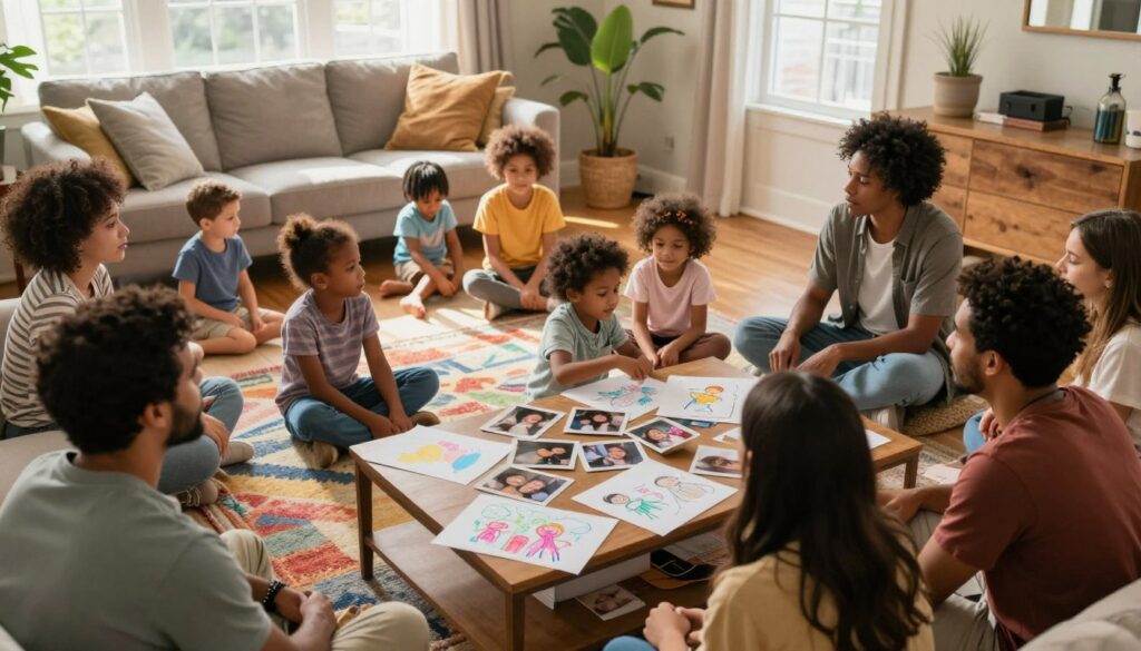 A blended family living room scene, capturing the essence of a patchwork family. In the foreground, a diverse group of adults, dressed in modest casual clothing, engage in a light-hearted discussion around a coffee table cluttered with family photos and children’s drawings. The middle ground features children of various ages playing peacefully on a colorful rug, showcasing different backgrounds and personalities, representing unity despite differences. The background depicts warm, inviting decor with soft sunlight streaming through the windows, creating a cozy and intimate atmosphere. The scene conveys a sense of connection and the complexities of blended family dynamics, highlighting moments of joy amidst potential tensions. The lighting is soft, emphasizing warmth and togetherness, shot with a slightly elevated angle for depth. A blended family living room scene, capturing the essence of a patchwork family. In the foreground, a diverse group of adults, dressed in modest casual clothing, engage in a light-hearted discussion around a coffee table cluttered with family photos and children’s drawings. The middle ground features children of various ages playing peacefully on a colorful rug, showcasing different backgrounds and personalities, representing unity despite differences. The background depicts warm, inviting decor with soft sunlight streaming through the windows, creating a cozy and intimate atmosphere. The scene conveys a sense of connection and the complexities of blended family dynamics, highlighting moments of joy amidst potential tensions. The lighting is soft, emphasizing warmth and togetherness, shot with a slightly elevated angle for depth.