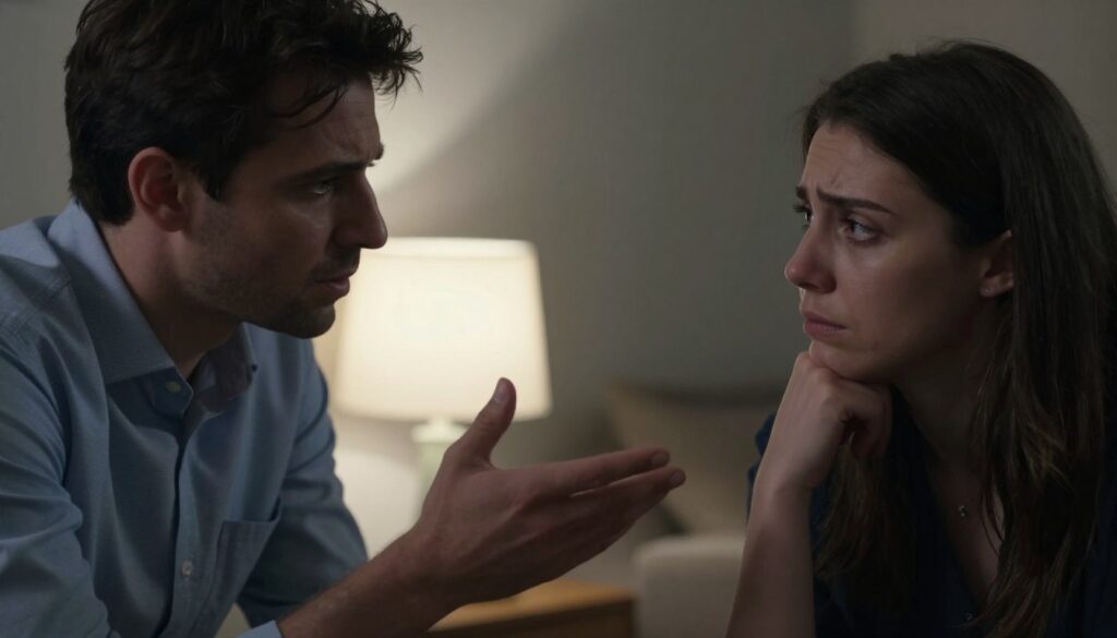 A close-up composition of a couple engaged in a tense conversation, capturing the subtle dynamics of manipulation within relationships. The foreground features two individuals dressed in professional attire, their expressions conveying a mix of concern and subtle tension. The male figure leans slightly forward, with a manipulative gesture, while the female figure appears contemplative, reflecting vulnerability. In the middle ground, a soft glow emanates from a nearby lamp, casting dramatic shadows that enhance the emotional atmosphere. The background is blurred, hinting at a cozy yet suffocating living room, emphasizing the intimate yet deceptive nature of their interaction. The overall mood is somber, evoking a sense of unease and complexity inherent in emotional manipulation, with soft, diffused lighting to highlight the contrasting emotions. A close-up composition of a couple engaged in a tense conversation, capturing the subtle dynamics of manipulation within relationships. The foreground features two individuals dressed in professional attire, their expressions conveying a mix of concern and subtle tension. The male figure leans slightly forward, with a manipulative gesture, while the female figure appears contemplative, reflecting vulnerability. In the middle ground, a soft glow emanates from a nearby lamp, casting dramatic shadows that enhance the emotional atmosphere. The background is blurred, hinting at a cozy yet suffocating living room, emphasizing the intimate yet deceptive nature of their interaction. The overall mood is somber, evoking a sense of unease and complexity inherent in emotional manipulation, with soft, diffused lighting to highlight the contrasting emotions.
