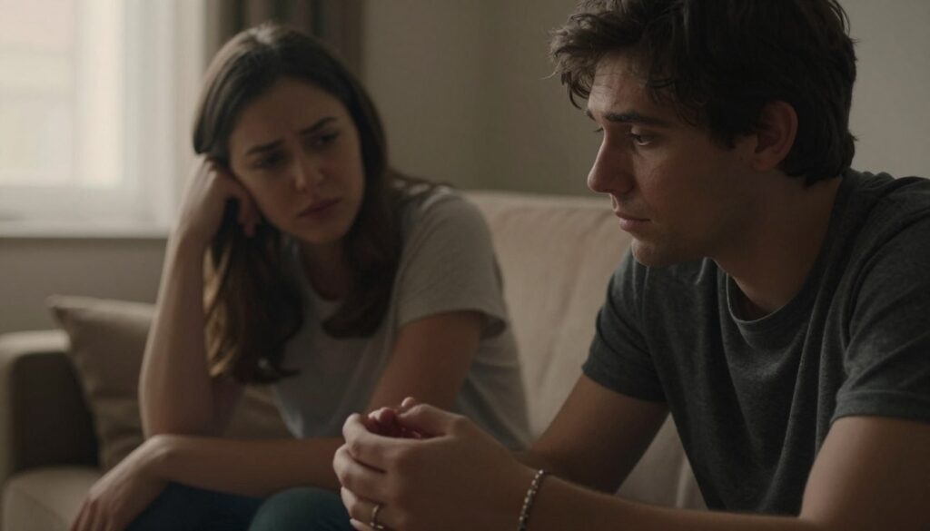 A close-up of a couple sitting on a couch in a softly lit living room, both looking uneasy as they converse. The foreground features their hands, with one partner fiddling nervously with a ring or bracelet, symbolizing doubt. The middle ground includes their facial expressions, showing subtle tension and concern, with one partner's eyes downcast and the other looking away. In the background, a dimly lit window with light filtering in gives a warm but somber atmosphere, reflecting the heaviness of unspoken truths. The overall mood is introspective and contemplative, capturing the emotional impact of small lies on a relationship’s bond. Use a soft focus lens to deepen the emotional resonance while maintaining clarity in the expressions. The lighting should be warm yet slightly shadowy, enhancing the sense of unease.