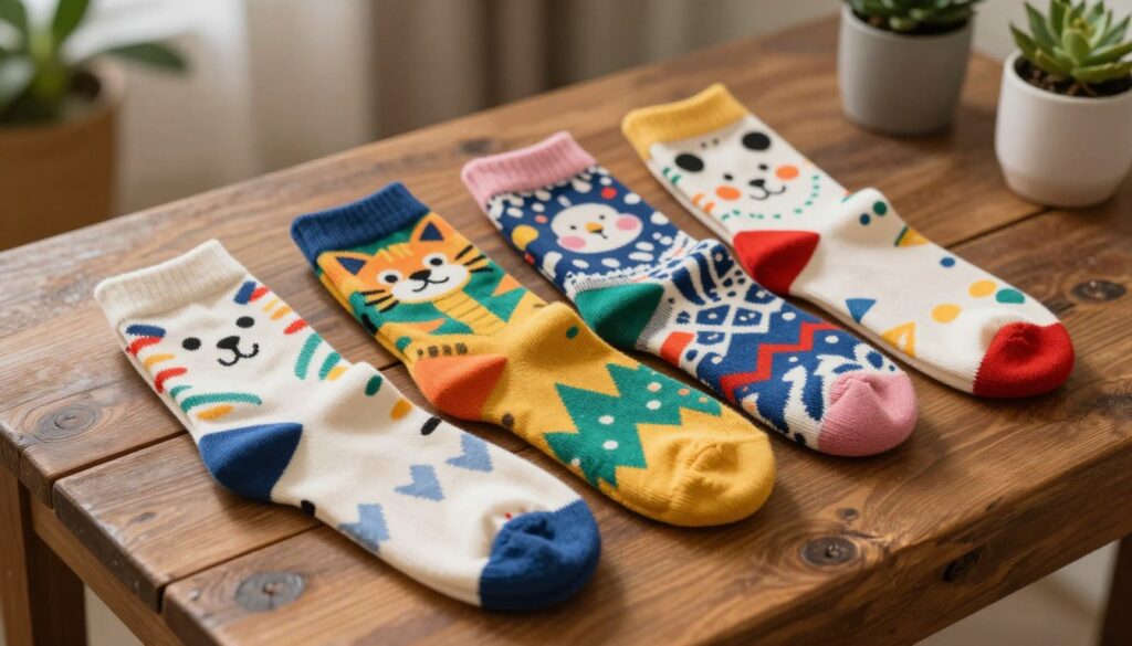 A close-up of colorful, patterned socks displayed artfully on a rustic wooden table. The socks feature quirky and playful designs, including cheerful motifs like cartoon animals, geometric shapes, and whimsical patterns, showcasing their fun and personalized nature. In the background, soft, diffused lighting creates a warm, inviting atmosphere, while hints of potted plants and decorative items add a touch of homeliness. The scene is captured from a slightly elevated angle, allowing for a clear view of the socks and their vibrant colors, emphasizing the idea of a unique gift that brings joy. Overall, the mood is lighthearted and playful, perfect for illustrating the concept of fun accent pieces in a personal relationship.