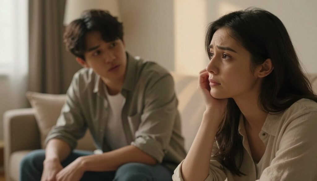 A close-up scene depicting a couple in a cozy, warmly lit living room, illustrating the dynamics of a dependent personality in their relationship. In the foreground, a woman with a gentle expression, dressed in modest casual clothing, gazes anxiously at her partner, who is seated nearby, looking concerned and supportive. In the middle ground, subtle tension is conveyed through their body language; he leans slightly forward, indicating attentiveness, while she appears hesitant, her hands clasped. The background features soft light from a window casting gentle shadows, enhancing the mood of intimacy mixed with unease. The overall atmosphere reflects warmth, yet hints at underlying emotional complexity, capturing the nuanced influence of dependent personality traits on relational dynamics. A close-up scene depicting a couple in a cozy, warmly lit living room, illustrating the dynamics of a dependent personality in their relationship. In the foreground, a woman with a gentle expression, dressed in modest casual clothing, gazes anxiously at her partner, who is seated nearby, looking concerned and supportive. In the middle ground, subtle tension is conveyed through their body language; he leans slightly forward, indicating attentiveness, while she appears hesitant, her hands clasped. The background features soft light from a window casting gentle shadows, enhancing the mood of intimacy mixed with unease. The overall atmosphere reflects warmth, yet hints at underlying emotional complexity, capturing the nuanced influence of dependent personality traits on relational dynamics.