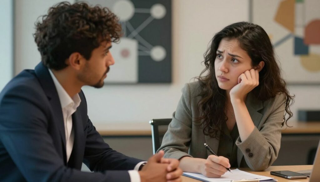 A close-up scene depicting two professionals sitting at a modern conference table, visibly engaged in a heartfelt conversation to break the silence in their relationship. The foreground features a diverse pair, one in a sharp business suit and the other in a smart casual outfit, leaning slightly toward each other, their body language open and inviting. In the middle ground, soft lighting accentuates their facial expressions, showcasing a mix of apprehension and hope. The background includes abstract art symbolizing communication and connection, enhancing the atmosphere of intimacy and understanding. The image should evoke a sense of resolution and forward movement, with warm tones and gentle shadows, creating a calming yet empowering mood.