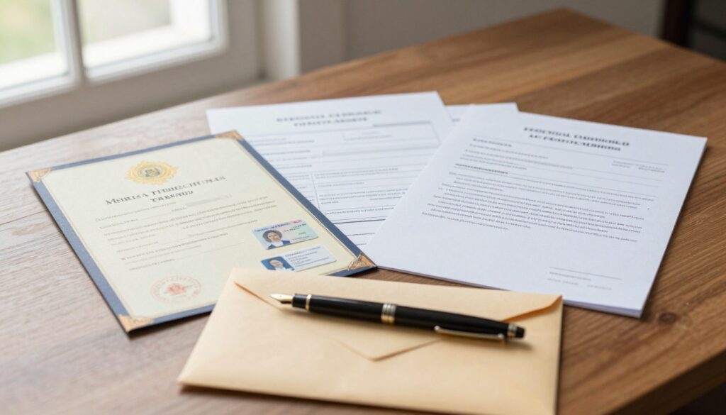 A close-up view of essential civil registration documents displayed on a wooden desk. The image includes neatly arranged items like a marriage certificate, identification cards, and application forms, all in elegant and formal designs. The foreground features a fountain pen and a sealed envelope, symbolizing the act of signing. In the background, soft natural light filters through a nearby window, creating a warm and inviting atmosphere. The overall composition captures a sense of professionalism and organization, emphasizing the importance of these documents in legal partnerships. The scene conveys a calm and focused mood, suitable for reflecting on the formalities involved in marriage registration.