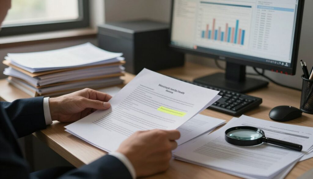 A cluttered office desk filled with documents and folders, showcasing organized yet chaotic paperwork symbolizing the meticulous collection of evidence. In the foreground, a pair of hands in professional attire are sorting through papers, with highlighted notes and a magnifying glass nearby, capturing the seriousness of evidence gathering. The middle ground features a computer monitor displaying graphs and data related to mental health, subtly illuminating the scene with a soft, warm light. In the background, a window allows natural light to filter in, casting gentle shadows and enhancing the reflective mood of the room. The overall atmosphere is one of diligence and urgency, emphasizing the importance of documentation in addressing psychological abuse. A cluttered office desk filled with documents and folders, showcasing organized yet chaotic paperwork symbolizing the meticulous collection of evidence. In the foreground, a pair of hands in professional attire are sorting through papers, with highlighted notes and a magnifying glass nearby, capturing the seriousness of evidence gathering. The middle ground features a computer monitor displaying graphs and data related to mental health, subtly illuminating the scene with a soft, warm light. In the background, a window allows natural light to filter in, casting gentle shadows and enhancing the reflective mood of the room. The overall atmosphere is one of diligence and urgency, emphasizing the importance of documentation in addressing psychological abuse.