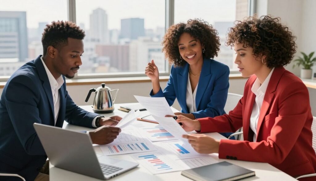 A collaborative workspace featuring two professionals, a Taurus and an Aries, sitting at a large table strewn with charts and project plans, symbolizing their shared goals and ambitions. The Taurus, methodical and steady, is in a tailored navy suit, carefully reviewing documents, while the Aries, passionate and dynamic, wears a smart, vibrant blazer, enthusiastically discussing ideas. In the foreground, a laptop displays a progress chart, representing their joint efforts. The middle ground shows a coffee pot and notepads filled with notes, highlighting teamwork. In the background, a large window reveals a city skyline, bathed in warm, natural sunlight that enhances a motivating atmosphere. The image conveys determination and synergy, emphasizing their commitment to mutual professional success. A collaborative workspace featuring two professionals, a Taurus and an Aries, sitting at a large table strewn with charts and project plans, symbolizing their shared goals and ambitions. The Taurus, methodical and steady, is in a tailored navy suit, carefully reviewing documents, while the Aries, passionate and dynamic, wears a smart, vibrant blazer, enthusiastically discussing ideas. In the foreground, a laptop displays a progress chart, representing their joint efforts. The middle ground shows a coffee pot and notepads filled with notes, highlighting teamwork. In the background, a large window reveals a city skyline, bathed in warm, natural sunlight that enhances a motivating atmosphere. The image conveys determination and synergy, emphasizing their commitment to mutual professional success.