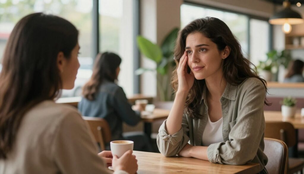 A compassionate person with bipolar disorder (ChAD), depicted in a warm and inviting environment, showcasing their ability to love and connect deeply. In the foreground, a woman with an empathetic expression, dressed in smart casual attire, is seated at a café table, engaged in a heartfelt conversation with a friend. The middle ground features the friend, listening intently, radiating support and understanding. In the background, soft natural light filters through large windows, illuminating the cozy café setting with plants and warm colors that evoke a sense of safety and emotional richness. The atmosphere is one of warmth, connection, and hope, emphasizing the theme of bonds and supportive relationships. The scene captures an essence of positivity and emotional depth.