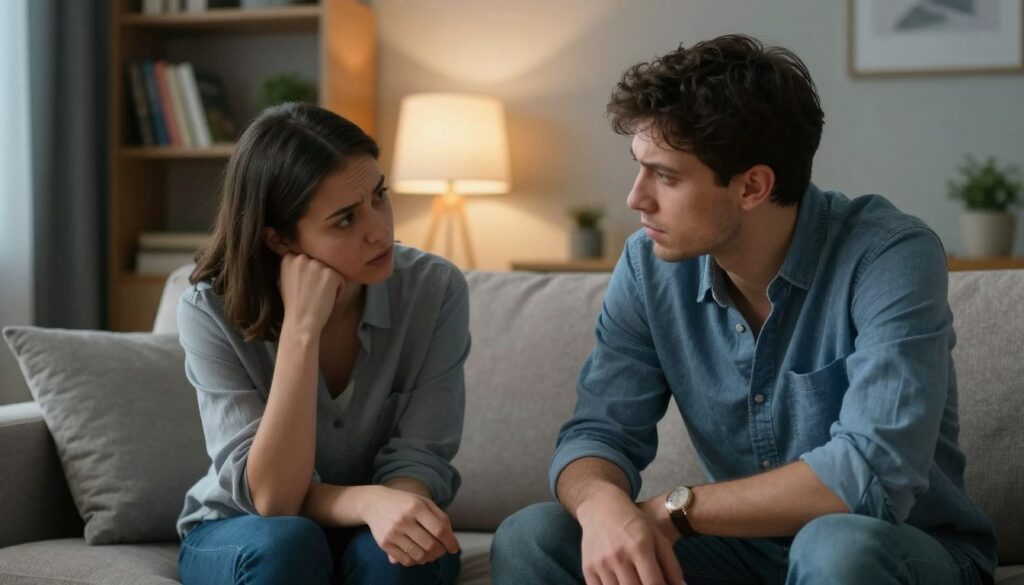 A compassionate scene depicting a man and a woman in a cozy living room, suggesting a setting of open communication. In the foreground, the couple sits on a comfortable couch, both dressed in modest, casual clothing. The man shows a concerned expression while the woman leans slightly forward, listening intently, symbolizing empathy and understanding. In the middle ground, a warm glow from a nearby lamp casts soft shadows, enhancing the intimate atmosphere. The background features a bookshelf filled with books on mental health and personal development, reinforcing the theme of support. The color palette consists of calming blues and warm earth tones, evoking a sense of warmth and safety, as they navigate the complexities of discussing depression. A compassionate scene depicting a man and a woman in a cozy living room, suggesting a setting of open communication. In the foreground, the couple sits on a comfortable couch, both dressed in modest, casual clothing. The man shows a concerned expression while the woman leans slightly forward, listening intently, symbolizing empathy and understanding. In the middle ground, a warm glow from a nearby lamp casts soft shadows, enhancing the intimate atmosphere. The background features a bookshelf filled with books on mental health and personal development, reinforcing the theme of support. The color palette consists of calming blues and warm earth tones, evoking a sense of warmth and safety, as they navigate the complexities of discussing depression.