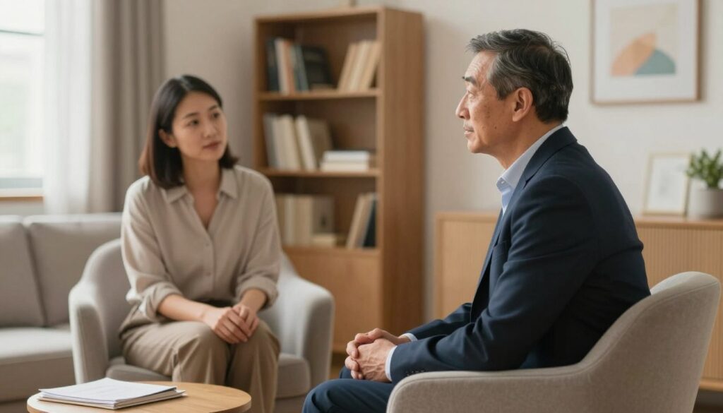 A compassionate therapist in a cozy, well-lit counseling room, set against a backdrop of soft, warm colors. The foreground features a middle-aged man in professional business attire sitting in a comfortable chair, displaying an expression of vulnerability and hope. In the middle ground, a calm and attentive female therapist in modest casual clothing sits opposite him, leaning slightly forward, creating an atmosphere of trust and support. The background showcases bookshelves filled with psychology texts and serene artwork, enhancing the sense of professionalism and safety. Soft, diffused lighting filters through a window, casting a gentle glow that evokes a feeling of warmth and healing. The overall mood is one of empathy, understanding, and the journey toward recovery.