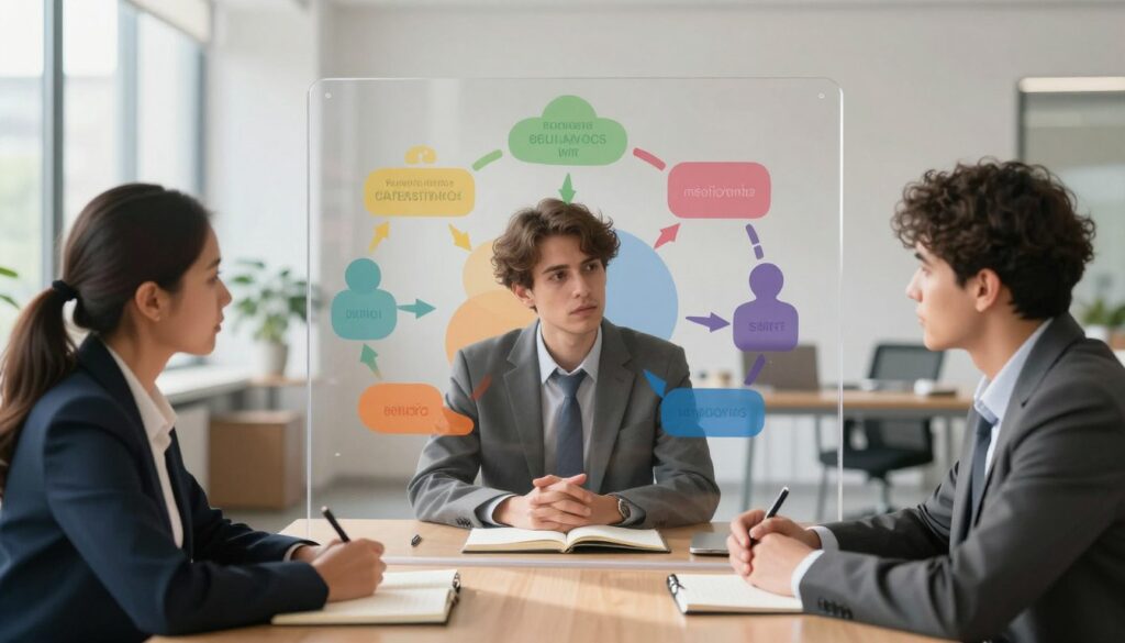 A conceptual illustration depicting the role of principles and boundaries in fostering safety within relationships. In the foreground, a diverse group of three individuals, dressed in professional business attire, are engaged in a serious discussion at a table, surrounded by symbolic elements like open notebooks and pens. In the middle, a transparent barrier represents boundaries, with abstract shapes symbolizing various types of relationships merging harmoniously. The background features a serene office environment, with soft natural light streaming in through large windows, casting gentle shadows. The atmosphere is focused and reflective, conveying a sense of collaboration and understanding. The composition should include a balanced, slightly elevated viewpoint to emphasize the interaction and the symbolic elements, ensuring clarity and depth in the scene.