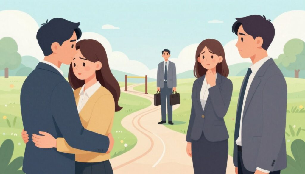 A conceptual illustration of attachment styles in relationships, inspired by Bowlby’s theory. In the foreground, three pairs of human figures, dressed in professional business attire, interact to represent different attachment styles: a secure couple sharing a warm embrace, an anxious pair with one figure displaying a worried expression, and an avoidant couple standing apart but looking at each other. The middle ground features subtle representations of emotional distance and closeness, such as symbolic barriers and paths drawn with soft, flowing lines. In the background, a serene landscape with soft pastel colors creates a calming atmosphere, symbolizing the complexities of relationships. Soft, diffused lighting enhances the emotional tone, while the camera angle captures the figures in a close-up perspective, inviting the viewer into their dynamic.