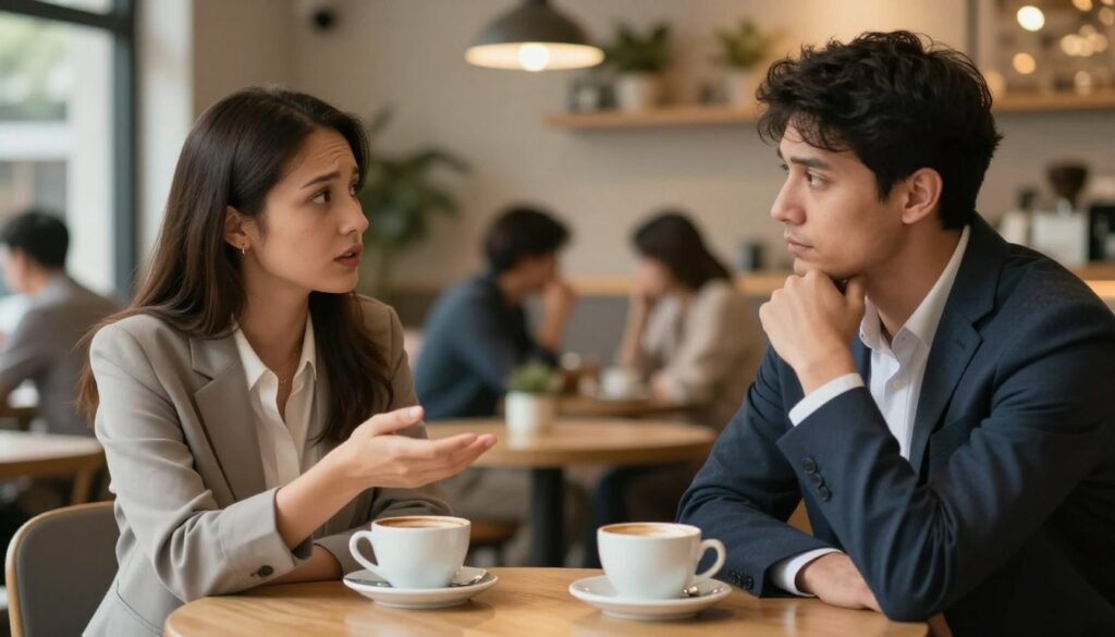 A concerned couple sitting at a small café table, looking across at each other with expressions of sadness and hope. The woman, dressed in a modest professional outfit, gestures gently as she speaks, while the man, also in business attire, listens intently, showing signs of contemplation. The foreground features a softly lit table with a couple of warm coffee cups. In the middle, a blurred background of the café, with patrons chatting and a cozy atmosphere highlighted by warm lighting and subtle decorations. The overall mood is introspective yet hopeful, capturing a moment of vulnerability and the desire for connection amidst challenges. The image should evoke empathy and a sense of possibility. A concerned couple sitting at a small café table, looking across at each other with expressions of sadness and hope. The woman, dressed in a modest professional outfit, gestures gently as she speaks, while the man, also in business attire, listens intently, showing signs of contemplation. The foreground features a softly lit table with a couple of warm coffee cups. In the middle, a blurred background of the café, with patrons chatting and a cozy atmosphere highlighted by warm lighting and subtle decorations. The overall mood is introspective yet hopeful, capturing a moment of vulnerability and the desire for connection amidst challenges. The image should evoke empathy and a sense of possibility.