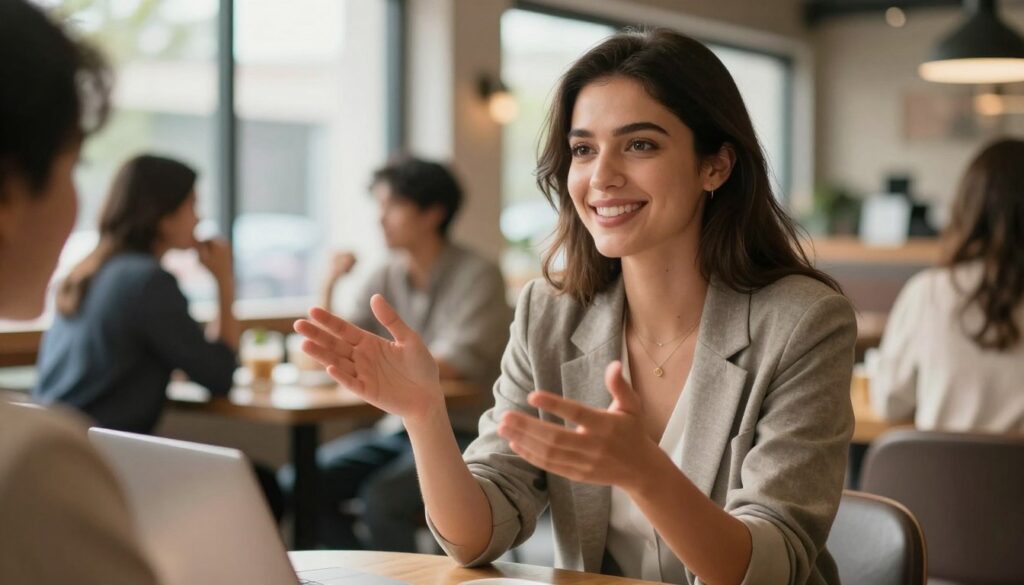 A confident young woman in a modern café setting, dressed in smart casual attire, sitting at a table with a warm smile, demonstrating openness and readiness for conversation. The foreground features her gesturing invitingly with her hands, while the middle ground shows a softly blurred background of patrons engaged in friendly discussions, creating a lively atmosphere. Natural light filters through large windows, casting a warm glow on her face, accentuating her approachable demeanor. The overall mood is relaxed and inviting, reflecting a sense of comfort and readiness to communicate about relationships in a pressure-free environment. The angle is slightly elevated, capturing both her expression and the vibrant café setting.