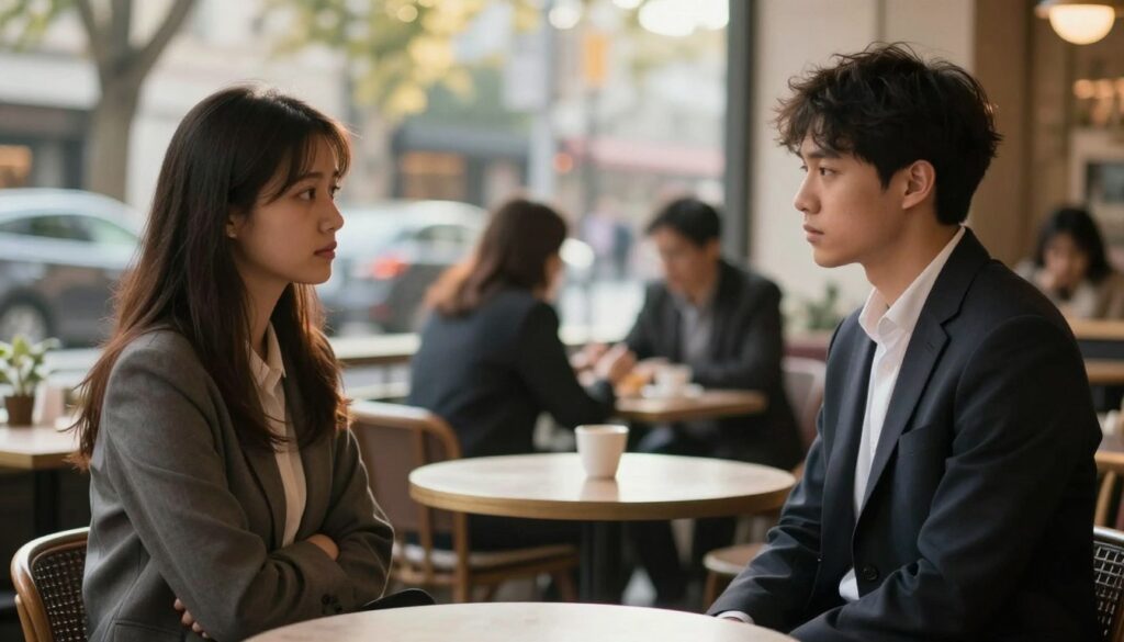 A contemplative couple sitting at a café across from each other, conveying emotional distance. They sit at a small table set against a softly blurred background of bustling city life, with warm sunlight filtering through trees nearby. The foreground focuses on their expressions; one partner looks pensive, while the other appears indifferent, dressed in professional business attire. The middle section captures the subtle tension in their body language, with crossed arms or turned bodies, emphasizing emotional detachment. The background reveals people enjoying their time, contrasting the couple's solemn mood, enhancing the theme of disconnection. The atmosphere is somber yet reflective, with soft lighting to create a contemplative mood, shot from an eye-level angle to evoke intimacy.