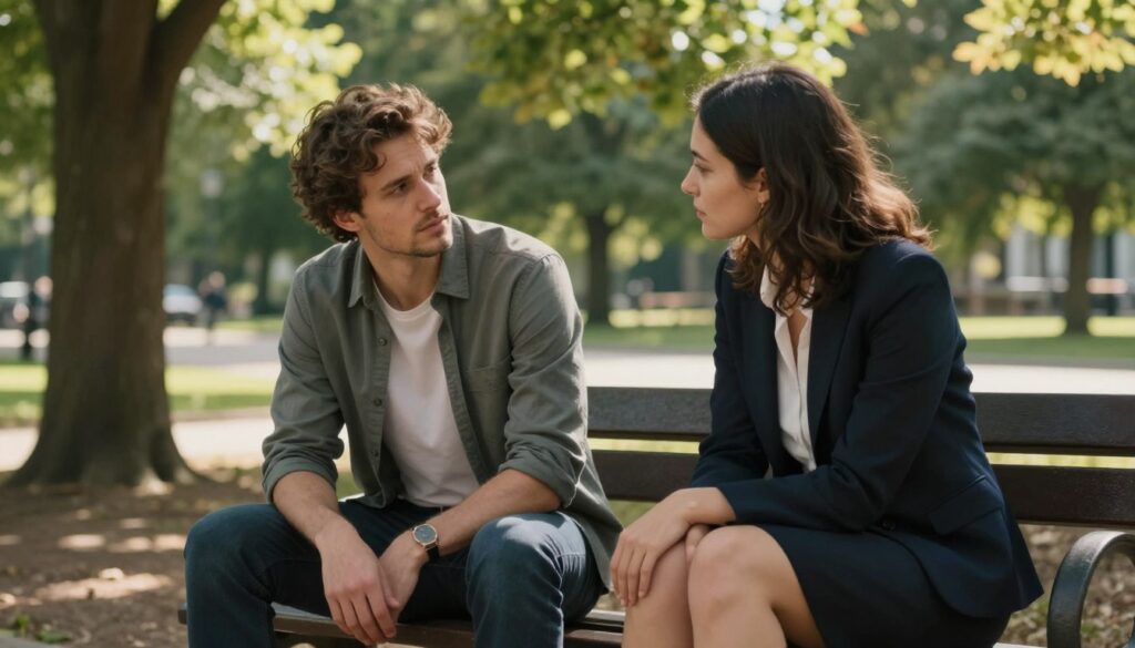 A contemplative couple sitting on a park bench, engaged in deep conversation during a brief pause in their relationship. The man is wearing a smart casual outfit, looking pensive as he gazes at the ground, while the woman, dressed in a professional yet comfortable attire, is leaning forward with a thoughtful expression. Surrounding them, lush green trees and soft sunlight filtering through the leaves create a serene atmosphere. In the background, a blurred path leads into the distance, symbolizing the journey of their relationship. The focus is on their expressions to evoke a sense of introspection and the significance of their discussion. The lighting is warm and inviting, casting gentle shadows, enhancing the emotional depth of the scene.