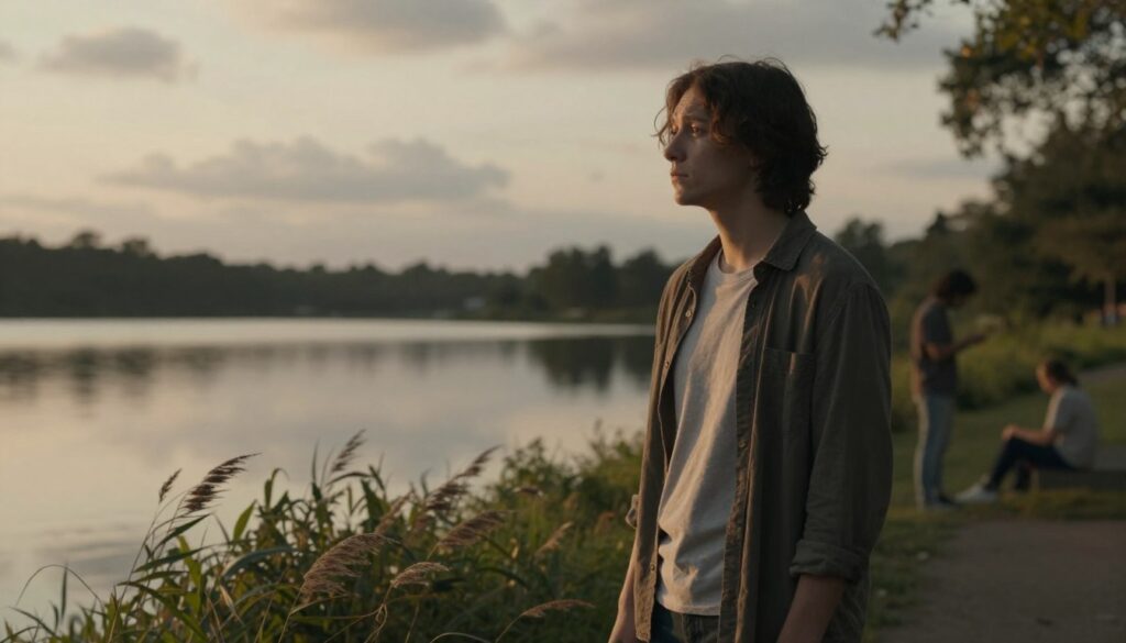 A contemplative figure stands alone in a softly lit, serene outdoor setting, embodying the essence of avoidant attachment style. The person, dressed in modest casual attire, gazes thoughtfully into the distance, with a slight frown, reflecting feelings of distance and emotional withdrawal. In the foreground, gentle foliage sways, symbolizing the complexities of relationships. The middle ground features a peaceful lake that mirrors the cloudy sky, suggesting introspection and isolation. The background includes blurred silhouettes of people interacting, emphasizing the theme of emotional detachment and avoidance. The scene is bathed in warm, golden hour lighting, evoking a mood of contemplation and subtle melancholy, with a shallow depth of field to enhance the focus on the figure's expression.