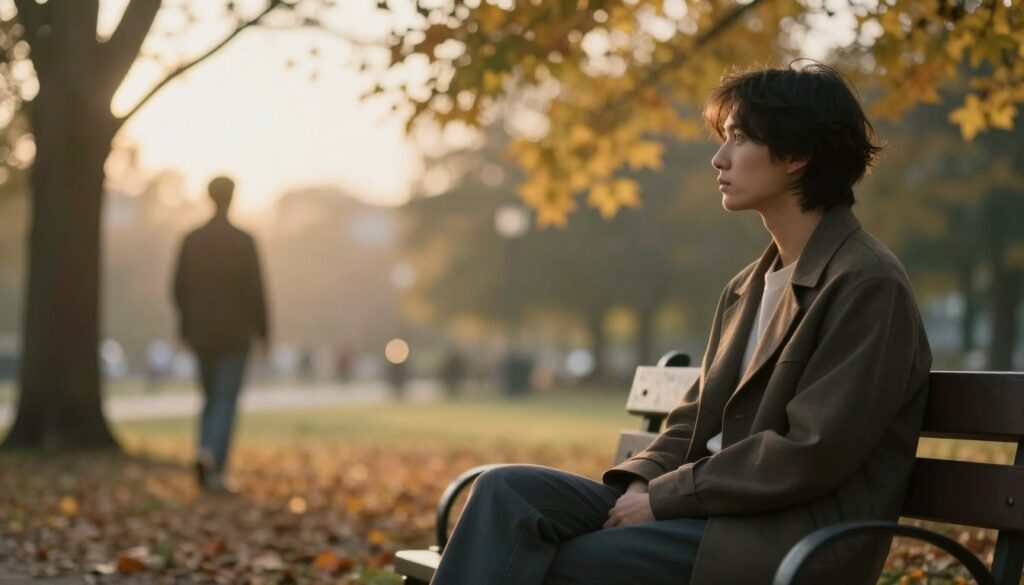 A contemplative individual sits on a park bench, gazing at a distant memory, portrayed as a soft, glowing silhouette of their former partner in the background. The foreground features the person, dressed in a smart casual outfit, with an expression of nostalgia and wistfulness. The middle ground includes trees adorned with autumn leaves, creating a warm, golden ambiance. The background showcases a blurred park scene under a soft, evening light, emphasizing the sense of longing. The camera angle is slightly low, capturing the emotions of the individual while the outlines of the partner fade gently into a dreamy haze. The atmosphere is introspective and serene, inviting viewers to reflect on the complexities of past relationships. A contemplative individual sits on a park bench, gazing at a distant memory, portrayed as a soft, glowing silhouette of their former partner in the background. The foreground features the person, dressed in a smart casual outfit, with an expression of nostalgia and wistfulness. The middle ground includes trees adorned with autumn leaves, creating a warm, golden ambiance. The background showcases a blurred park scene under a soft, evening light, emphasizing the sense of longing. The camera angle is slightly low, capturing the emotions of the individual while the outlines of the partner fade gently into a dreamy haze. The atmosphere is introspective and serene, inviting viewers to reflect on the complexities of past relationships.