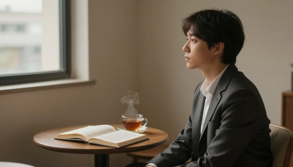 A contemplative individual sitting alone in a cozy, minimalist room, surrounded by soft, warm lighting that creates a serene atmosphere. In the foreground, a person in professional business attire gazes thoughtfully out of a window, their expression reflecting introspection and emotional complexity. The middle ground features a small table with an open book and a steaming cup of tea, symbolizing self-reflection and solitude. In the background, a subtle hint of a blurred cityscape outside the window conveys a sense of isolation. The overall mood of the image should evoke feelings of introspection, emotional depth, and the psychological impact of living without intimate connections, captured through a warm color palette and soft focus. A contemplative individual sitting alone in a cozy, minimalist room, surrounded by soft, warm lighting that creates a serene atmosphere. In the foreground, a person in professional business attire gazes thoughtfully out of a window, their expression reflecting introspection and emotional complexity. The middle ground features a small table with an open book and a steaming cup of tea, symbolizing self-reflection and solitude. In the background, a subtle hint of a blurred cityscape outside the window conveys a sense of isolation. The overall mood of the image should evoke feelings of introspection, emotional depth, and the psychological impact of living without intimate connections, captured through a warm color palette and soft focus.