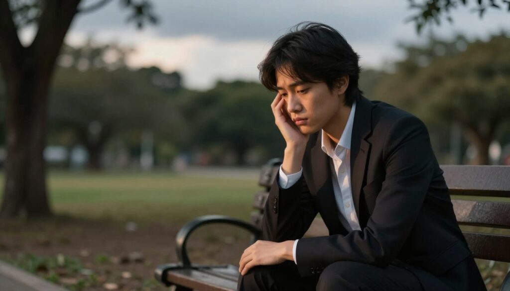 A contemplative person sitting alone on a park bench in the foreground, appearing deep in thought, dressed in professional business attire. Their expression reflects a mix of sadness and determination as they gaze at the ground. In the middle ground, blurred outlines of trees and soft grass create a serene yet somber atmosphere. The background features an overcast sky, subtly illuminated to suggest a moment of reflection before a storm. Warm, diffused lighting highlights the subject's face while casting gentle shadows, enhancing the mood of introspection. The overall composition is framed with a shallow depth of field, inviting the viewer to focus on the emotional weight of the decision to part ways in a toxic relationship.