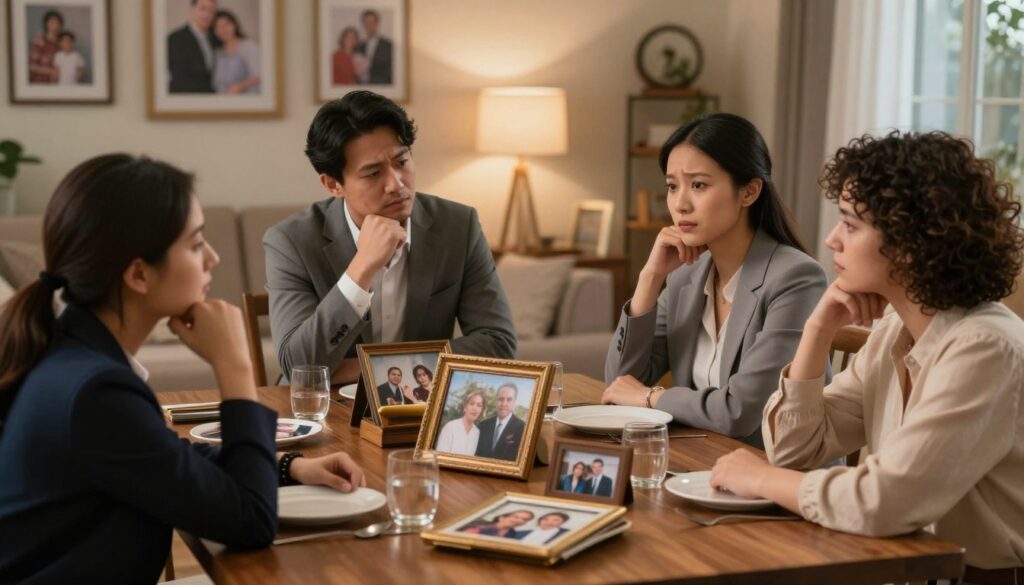 A contemplative scene centered on a family sitting around a dining table, engaging in a thoughtful discussion. In the foreground, a diverse family of four, dressed in professional business attire, showcases a mix of emotions, ranging from concern to understanding. In the middle ground, a warm, soft light highlights the table filled with family photographs and heirlooms, symbolizing past influences. In the background, a softly blurred living room with family portraits on the wall further emphasizes the theme of familial patterns and their impact on relationships. The atmosphere is reflective, evoking a sense of introspection and connection. The lighting is warm and inviting, creating a cozy, yet serious mood, captured from a slightly elevated angle to provide a comprehensive view of the family interaction. A contemplative scene centered on a family sitting around a dining table, engaging in a thoughtful discussion. In the foreground, a diverse family of four, dressed in professional business attire, showcases a mix of emotions, ranging from concern to understanding. In the middle ground, a warm, soft light highlights the table filled with family photographs and heirlooms, symbolizing past influences. In the background, a softly blurred living room with family portraits on the wall further emphasizes the theme of familial patterns and their impact on relationships. The atmosphere is reflective, evoking a sense of introspection and connection. The lighting is warm and inviting, creating a cozy, yet serious mood, captured from a slightly elevated angle to provide a comprehensive view of the family interaction.
