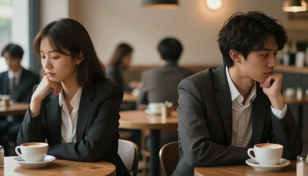 A contemplative scene depicting a couple sitting at a café table, separated by an invisible barrier, reflecting emotional distance. The foreground features two figures dressed in professional business attire, facing away from each other, absorbed in their thoughts with coffee cups before them. The middle ground showcases an intimate yet distant atmosphere, with blurred silhouettes of other patrons in the background, symbolizing isolation. Soft, warm lighting illuminates the scene, casting gentle shadows to enhance the mood of disconnect. Use a shallow depth of field to focus on the couple while creating a bokeh effect in the background, imparting a sense of introspection and melancholy. The overall ambiance should evoke feelings of emotional apathy and distance in relationships.