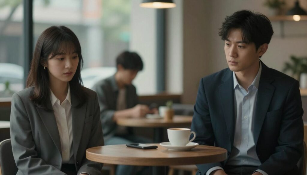 A contemplative scene depicting the concept of a relationship break, focusing on separation and communication boundaries. In the foreground, a couple in professional attire sits on opposite ends of a small table, their expressions thoughtful and serious, symbolizing the distant emotional state. In the middle background, a softly blurred café setting enhances the mood, featuring muted colors and intimate lighting that suggests a calm but tense atmosphere. The background showcases a window with gentle light filtering through, casting subtle shadows that evoke introspection. The overall composition captures a sense of longing and contemplation, expressing the uncertainty of navigating communication during a relationship pause. The image has a soft focus, creating a dreamy yet serious ambiance.