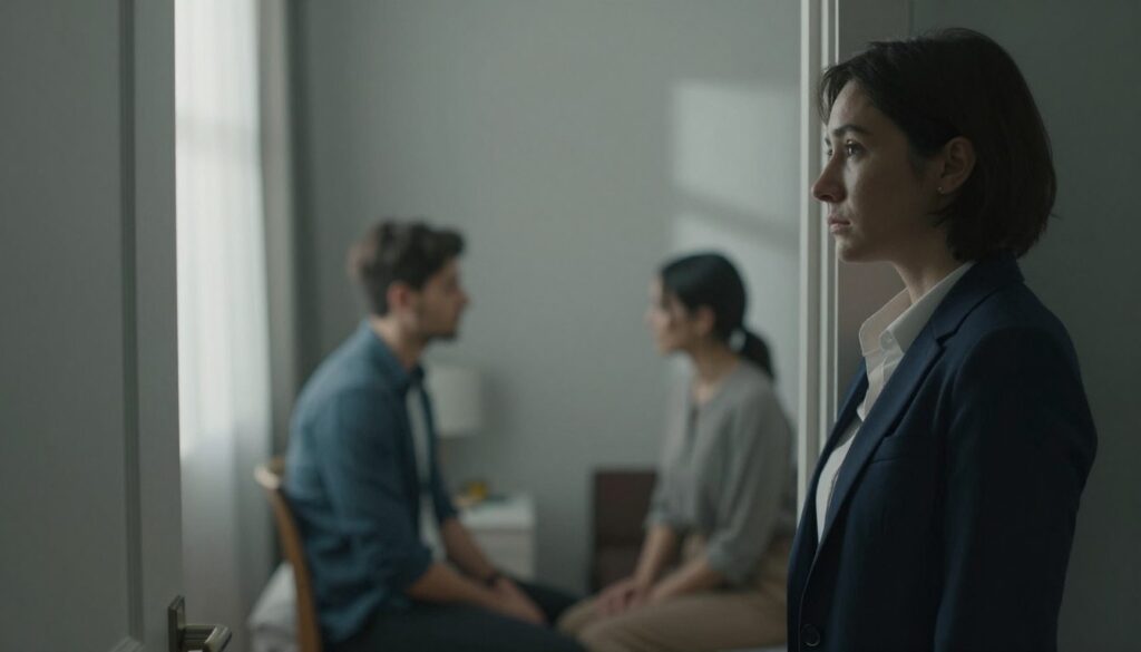 A contemplative scene illustrating the theme of submission in a relationship. In the foreground, a person in professional attire, looking introspective, stands beside an open door, symbolizing the choice between freedom and confinement. The middle ground features a soft, blurred image of a couple engaged in a discussion, their body language showing a power imbalance, with one partner appearing dominant and the other more withdrawn. The background consists of a softly lit room with muted colors, emphasizing an atmosphere of tension and uncertainty. Natural light filters through a window, casting gentle shadows. The overall mood is reflective and slightly somber, capturing the essence of vulnerability and the complexity of emotional bonds. A contemplative scene illustrating the theme of submission in a relationship. In the foreground, a person in professional attire, looking introspective, stands beside an open door, symbolizing the choice between freedom and confinement. The middle ground features a soft, blurred image of a couple engaged in a discussion, their body language showing a power imbalance, with one partner appearing dominant and the other more withdrawn. The background consists of a softly lit room with muted colors, emphasizing an atmosphere of tension and uncertainty. Natural light filters through a window, casting gentle shadows. The overall mood is reflective and slightly somber, capturing the essence of vulnerability and the complexity of emotional bonds.