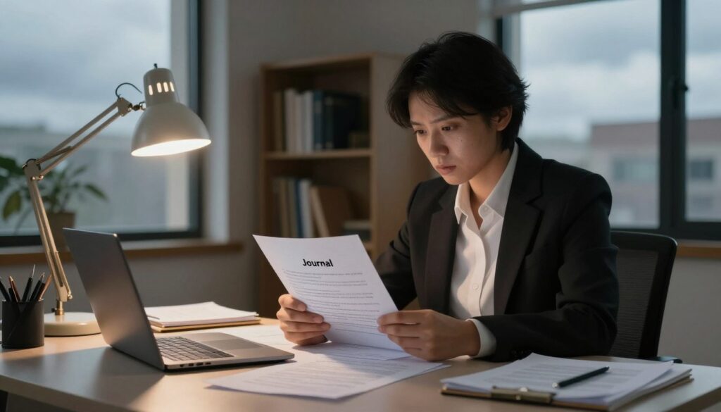 A contemplative workspace scene, emphasizing the theme of documenting psychological violence. In the foreground, a person dressed in professional business attire is sitting at a desk, surrounded by scattered papers, notebooks, and a laptop open to a document titled "Journal." The individual's expression is focused and determined, capturing the seriousness of the task. The middle ground features a softly lit lamp casting a warm glow, illuminating the notes with written experiences and reflections. In the background, a bookshelf filled with psychology books adds depth, while a large window reveals a cloudy sky, symbolizing the emotional turmoil associated with gaslighting. The atmosphere is solemn yet empowering, highlighted with soft, diffused lighting to convey reflection and resolve.