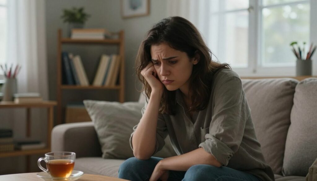 A contemplative young adult in a cozy, softly lit living room, sitting on a couch, with a furrowed brow reflecting emotional intensity. Their expression shows a mix of confusion and determination, illustrating the internal struggle of borderline personality symptoms. In the foreground, a warm cup of tea rests on a side table, symbolizing self-care and comfort. In the middle ground, shelves filled with books and art supplies indicate creative outlets and attempts at communication. The background features a large window with gentle daylight filtering through sheer curtains, creating a serene, slightly blurred atmosphere. The overall mood is introspective and poignant, conveying the complexity of feelings associated with border personality challenges, with a focus on emotional depth and the quest for understanding.