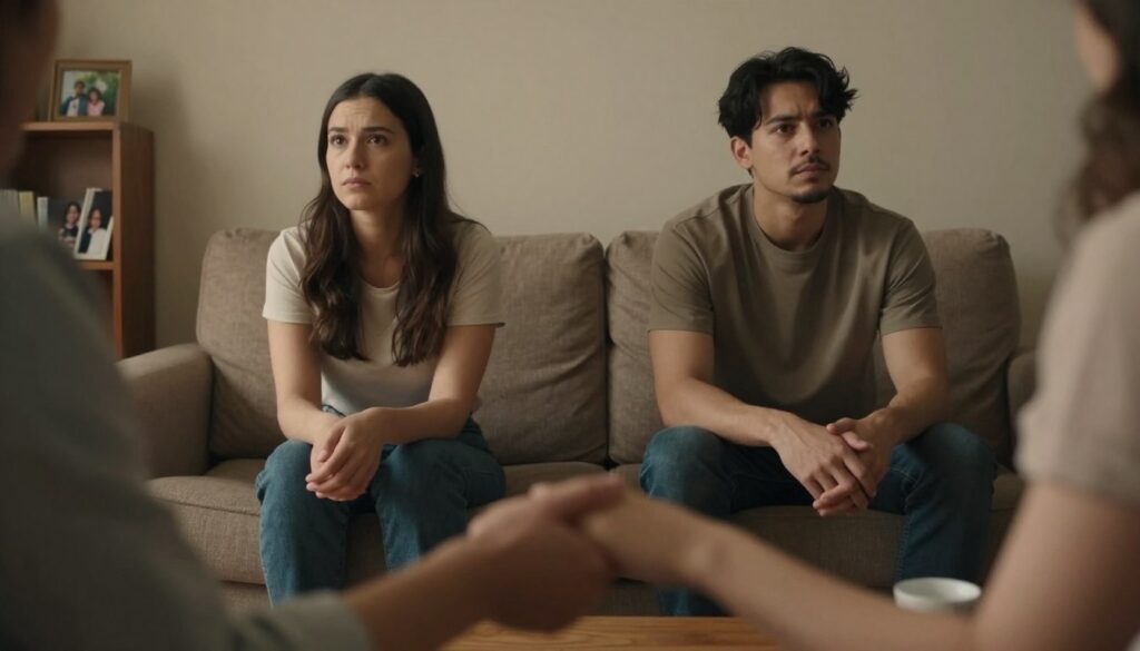 A couple sits on opposite ends of a small, cozy living room, creating a significant emotional distance between them. The foreground features a close-up view of their hands, almost touching but not quite, reflecting a longing for connection that remains unfulfilled. In the middle, the couple, dressed in casual, modest clothing, share a quietly tense expression; the woman looks thoughtfully away while the man gazes introspectively at the floor. The warm, soft lighting casts gentle shadows, enhancing the atmosphere of longing and isolation. In the background, a small bookshelf with family photos hints at their shared past, but the space feels cold and empty, emphasizing the theme of emotional disconnect. The angle captures the couple's body language, highlighting the absence of intimacy. A couple sits on opposite ends of a small, cozy living room, creating a significant emotional distance between them. The foreground features a close-up view of their hands, almost touching but not quite, reflecting a longing for connection that remains unfulfilled. In the middle, the couple, dressed in casual, modest clothing, share a quietly tense expression; the woman looks thoughtfully away while the man gazes introspectively at the floor. The warm, soft lighting casts gentle shadows, enhancing the atmosphere of longing and isolation. In the background, a small bookshelf with family photos hints at their shared past, but the space feels cold and empty, emphasizing the theme of emotional disconnect. The angle captures the couple's body language, highlighting the absence of intimacy.