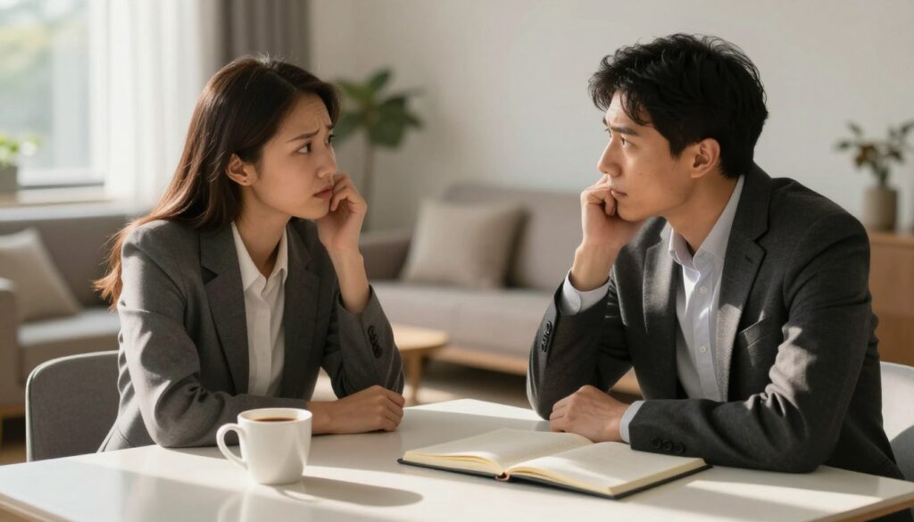 A couple sitting at a modern dining table, engaged in a deep and meaningful conversation, both wearing professional business attire. The foreground captures their expressive faces, displaying a mixture of concern and understanding. In the middle, a warm light casts gentle shadows, enhancing the intimacy of the moment, with a coffee cup and an open notebook on the table, symbolizing effort in communication. The background features soft, blurred domestic elements like a cozy living room, suggesting a safe space for open dialogue. Sunlight filters through a window, creating a serene atmosphere that highlights the importance of communication in overcoming barriers in relationships. The overall mood is reflective and hopeful, emphasizing connection and resolution.