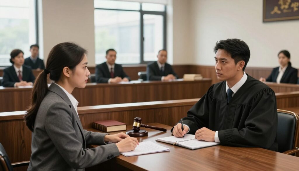 A courtroom scene depicting a legal proceeding, emphasizing a judge at a bench and two lawyers presenting their cases. In the foreground, a confident female lawyer in a tailored business suit gestures towards documents on the table, while a stern male lawyer sits opposite, focused and taking notes. The middle ground features a wooden judge's bench with legal books and a gavel, while jurors listen attentively. The background showcases tall windows allowing natural light to filter in, illuminating the solemn atmosphere of the court. The image should convey a serious and professional mood, captured with a wide-angle lens to enhance the depth and detail of the environment, emphasizing the importance of judicial processes while maintaining an air of decorum.