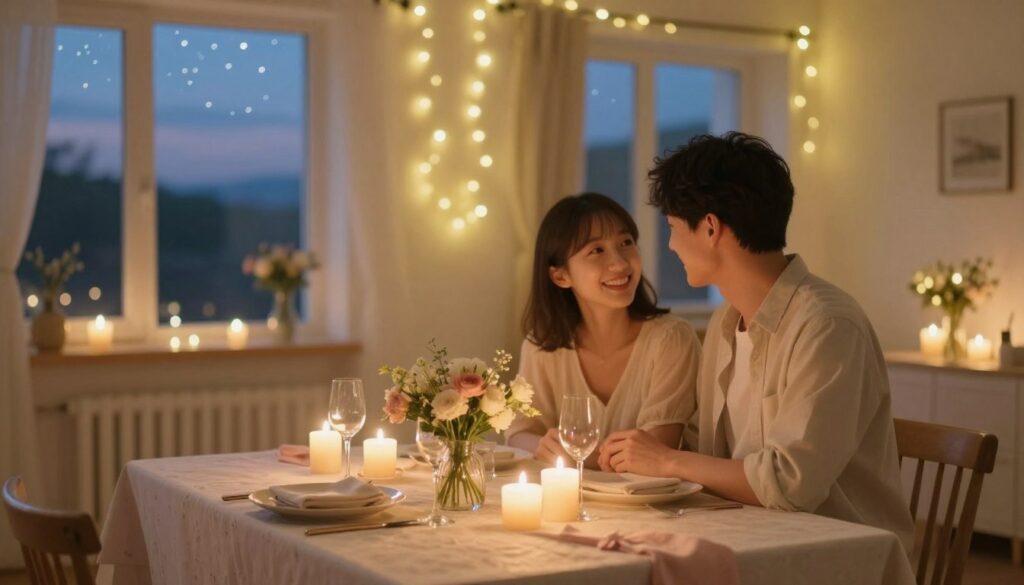 A cozy and intimate setting for a first anniversary celebration. In the foreground, a beautifully set table for two, adorned with delicate white candles and a small bouquet of fresh flowers. The tablecloth is soft pastels, creating a warm ambiance. In the middle ground, a soft-focus view of a charming room with fairy lights draping across the walls, adding a magical glow. In the background, a window showcasing a twilight sky filled with stars. The lighting is soft and warm, emphasizing the romantic atmosphere. The overall mood is serene and loving, perfect for a private celebration of a special milestone in a relationship.