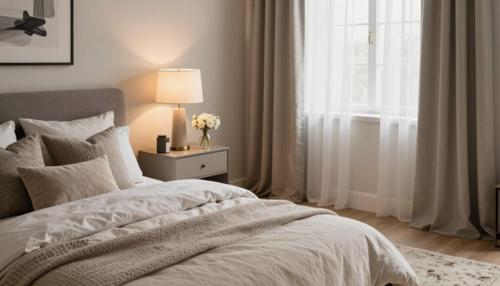 A cozy and inviting bedroom setting, showcasing elegant and tasteful bedroom accessories. In the foreground, a beautifully made bed with plush, neutral-toned bedding and an assortment of decorative pillows in various textures. To one side, a stylish nightstand with a modern lamp casting a warm glow, while a small vase of fresh flowers adds a touch of charm. In the middle, a plush area rug softly defining the space, accompanied by subtle hints of dominant decor items such as a striking piece of wall art and tasteful curtains framing the window. The background features soft, diffused natural light filtering in, creating a serene and intimate atmosphere. Emphasize an air of calm confidence and sophistication within the scene.