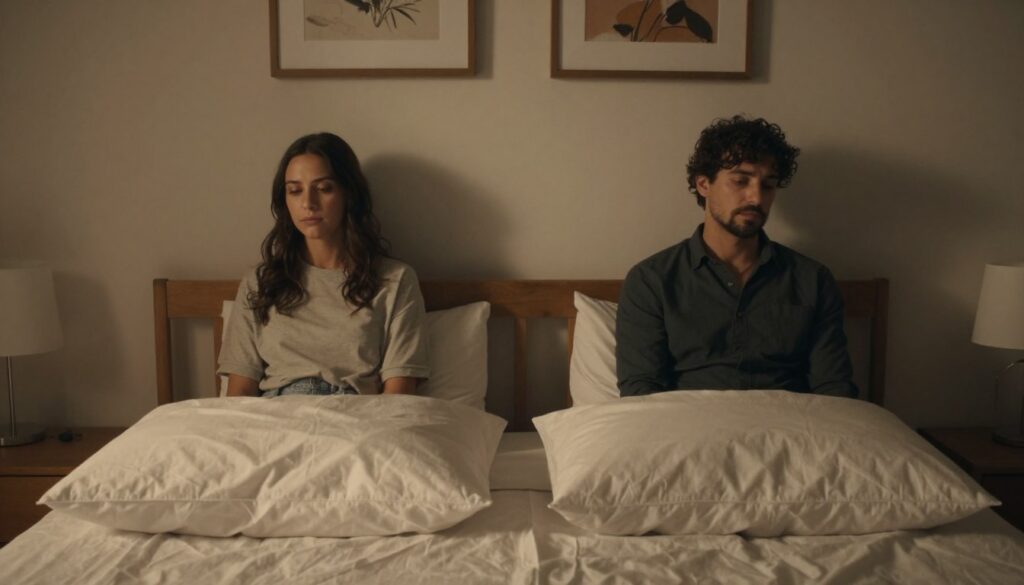 A cozy bedroom scene depicting the emotional tension of a couple pretending to enjoy intimacy. In the foreground, a neatly made bed with plush pillows, softly illuminated by gentle, warm lighting. The middle ground reveals two figures sitting on opposite sides of the bed, dressed in modest casual clothing, their expressions conveying a sense of distance and unspoken feelings. The background features soft, muted colors with calming artwork on the walls, creating an ambient atmosphere that suggests a facade of harmony. The overall mood is reflective and introspective, highlighting the contrast between outer appearances and inner emotional struggles, evoking a sense of longing and the complexity of relationships.