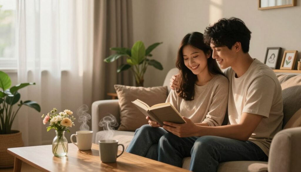 A cozy indoor scene depicting a couple engaged in a nurturing moment, emphasizing effective habits that strengthen their bond. In the foreground, they sit together on a comfortable sofa, smiling and sharing a book, dressed in modest casual clothing. The warm, soft lighting creates an inviting atmosphere, while plants and personal mementos around them symbolize their shared life. In the middle, a low coffee table is adorned with a pair of steaming mugs and a small vase of fresh flowers, representing care and affection. In the background, light filters through sheer curtains, casting gentle shadows and enhancing the intimate mood, inviting the viewer to feel the warmth and connection between them. A cozy indoor scene depicting a couple engaged in a nurturing moment, emphasizing effective habits that strengthen their bond. In the foreground, they sit together on a comfortable sofa, smiling and sharing a book, dressed in modest casual clothing. The warm, soft lighting creates an inviting atmosphere, while plants and personal mementos around them symbolize their shared life. In the middle, a low coffee table is adorned with a pair of steaming mugs and a small vase of fresh flowers, representing care and affection. In the background, light filters through sheer curtains, casting gentle shadows and enhancing the intimate mood, inviting the viewer to feel the warmth and connection between them.